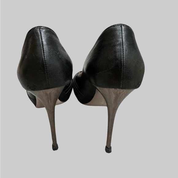 Salvatore Ferragamo black leather peep toe bronze heel stilettos - Picture 8 of 11